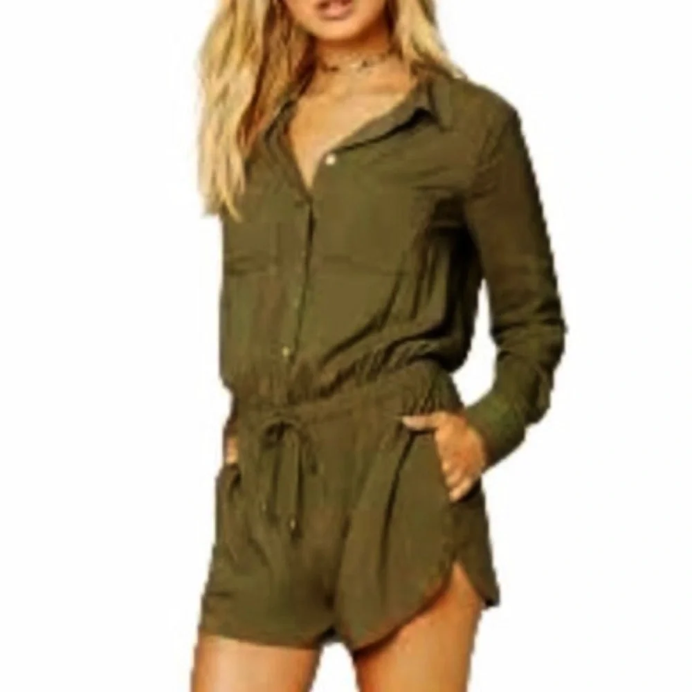 ROMPER JUMPSUIT OLIVE GREEN Forever 21 Button Long sleeve Elastic Waist Tie Siz… - Picture 15 of 15